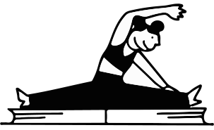 A black and white line drawing of a student doing a split with her legs over a book.